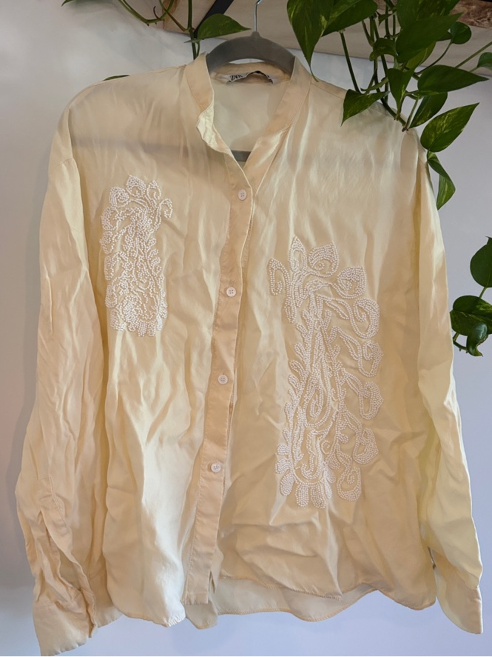 Zara Cream Button-Front Blouse with White Embroidery